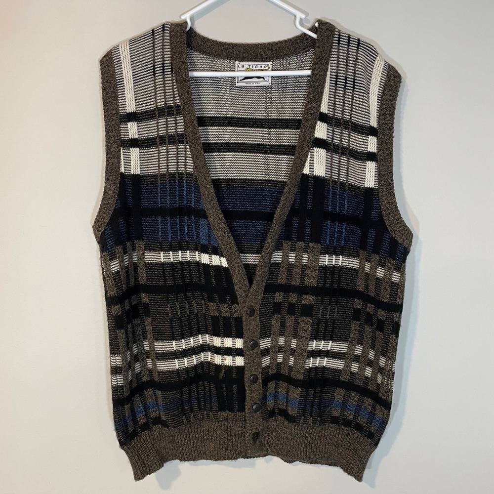 Vintage Le Tigre Mens XL Brown Geometric Knit Button Front Cardigan Sweater Vest